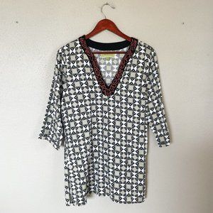 Sigrid Olsen Black Tan White Print Beaded V Neck Tunic